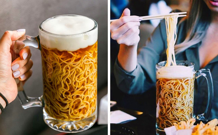 1. Mì bia: Thay vì dùng bát tô đựng mì ramen, nhà hàng Yuu Japanese Tapas ở Vancouver, Canada sử dụng cốc bia để đựng. Món ăn kỳ quặc này trông như thể người ta vừa mới đổ mì vào bia vậy. Thế nhưng đây thực chất là nước sốt cá ngừ được ướp lạnh. Sau đó người ta cho mì vào trong cốc lạnh, đánh bông hỗn hợp lòng trắng trứng và gelatin lên để làm bọt bia rồi đổ lên trên.
