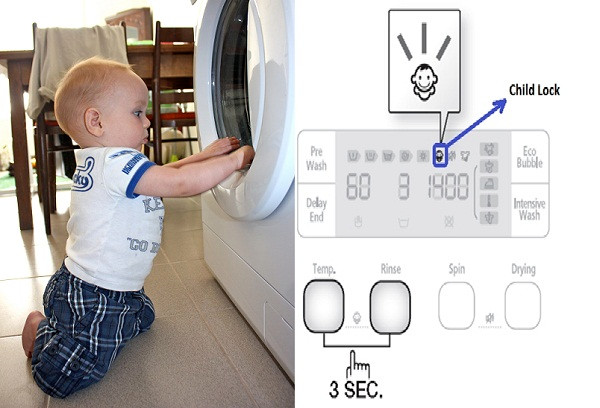 Máy giặt đặc biệt là máy giặt lồng ngang có thế khiến bé tò mò, nghịch và chui vào trong và mắc kẹt. Do vậy, các mẹ nhớ khóa máy giặt khi không dùng tới.