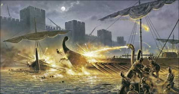 Các tài liệu lịch sử ghi nhận quân đội của đế chế Byzantine (thế kỷ 7 - thế kỷ 12) từng sử dụng vũ khí trên - một chất bí ẩn ném vào kẻ thù trong các trận thủy chiến.