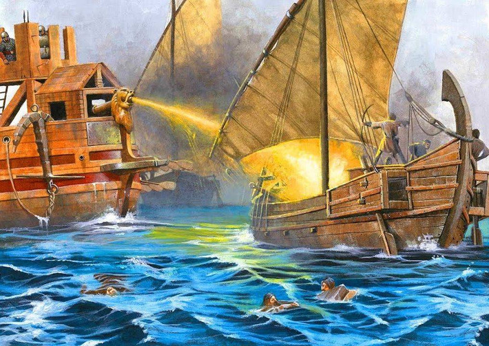 Binh sĩ Byzantine sử dụng ngọn lửa Hy Lạp từ thế kỷ 7. Vũ khí có khả năng sát thương cao này được sử dụng trong các cuộc chiến trên bộ và dưới nước.