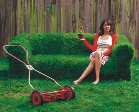 Ghế sofa phủ cỏ xanh độc đáo.