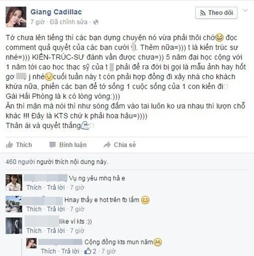 Đoạn status có nội dung: "Tớ chưa lên thì các bạn dựng chuyện nó vừa phải thôi chớ, đọc comment chửi bới quả quyết của các bạn buồn cười thật. 5 năm đại học cộng với một năm tới cao học thạc sỹ của tớ không phải để ra đời bị gọi là mẫu ảnh hay hot girl (...). Phiền các bạn để tớ sống 1 cuộc sống của một con kiến đi".
