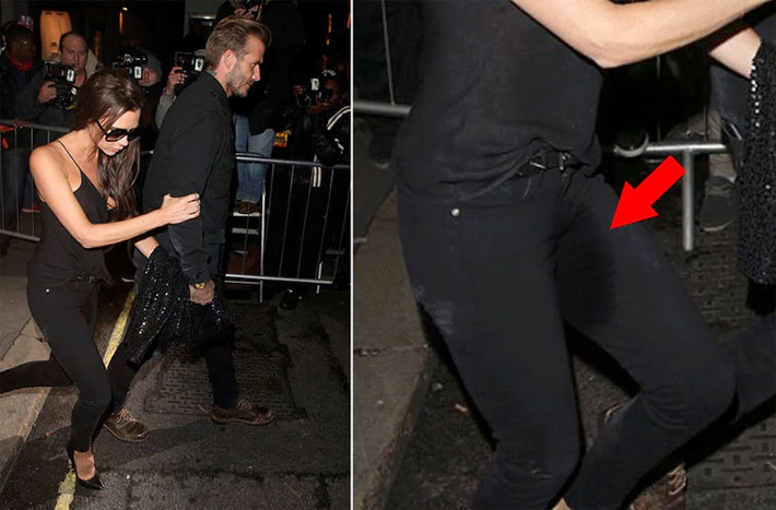 Không rõ Victoria Beckham bị đổ rượu vào người hay say quá mất kiểm soát để đến nỗi ướt hết quần, nhưng nhìn hình này của cô sau khi được chồng dìu ra khỏi một bữa tiệc thì nhiều người nghĩ tới câu trả lời thứ hai hơn.