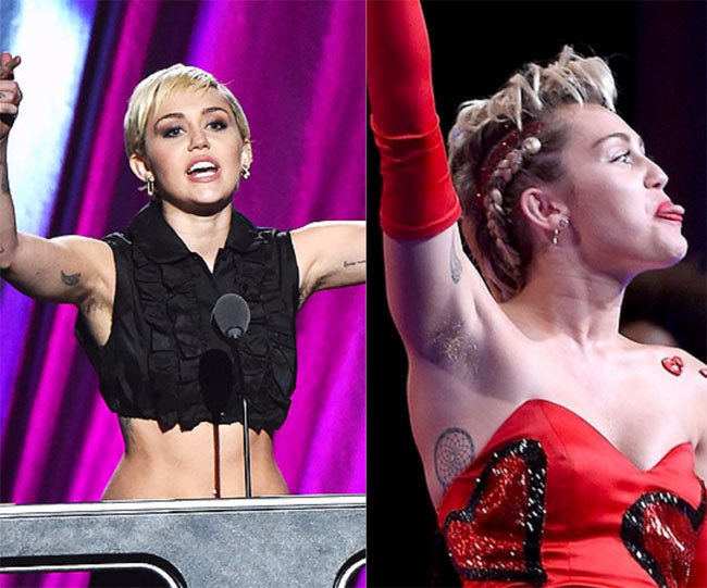 Nổi tiếng với style hoang dại, nên Miley Cyrus chả ngại để nguyên nách rậm rì lông lên sân khấu biểu diễn. Tuy nhiên với kiểu khoe không đúng chỗ này khiến nhiều fan thấy phản cảm.