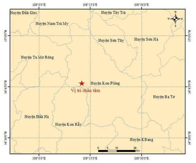 Trận động đất có độ lớn 4.7 được ghi nhận xảy ra tại huyện Kon Plông, Kon Tum vào lúc 14h8 chiều ngày 23/8 (giờ Hà Nội). Động đất xảy ra ở độ sâu 8,2 km, gây chấn động một khu vực rộng lớn. Ảnh: Viện Vật lý địa cầu.