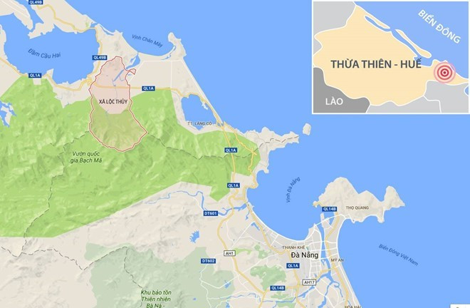 Xã Lộc Thủy (huyện Phú Lộc, Thừa thiên - Huế), địa điểm xảy ra vụ tai nạn đường sắt kinh hoàng khiến 3 người tử vong. Ảnh: Google Maps.