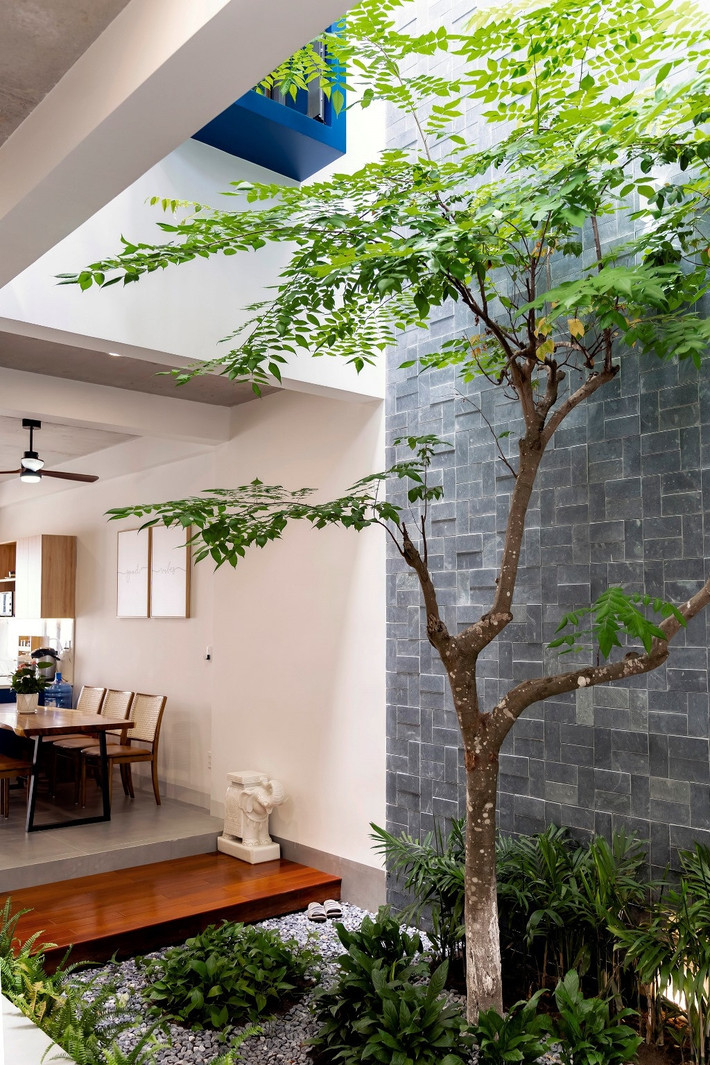 Khoảng giếng trời lớn ở trung tâm ngôi nhà cùng hệ cầu thang và hành lang giúp tối ưu hoá thông thoáng tự nhiên cả phương ngang và phương đứng vào những ngày hè oi ả.