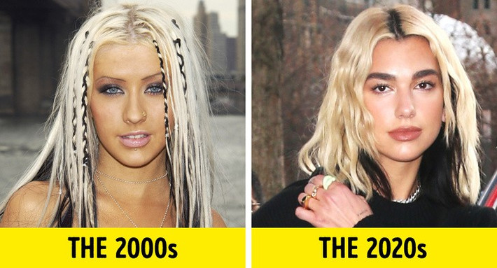 Tóc nhuộm hai màu: Kiểu tóc nhuộm hai màu từng được Christina Aguilera, Britney Spears... lăng xê nhiệt tình vào những năm 2000. Dua Lipa, Billy Eilish trở thành những người tiên phong đưa mốt làm đẹp này quay trở lại. Kiểu nhuộm tóc vàng ở phần trên và giữ nguyên tóc đen ở phần dưới từng bị nhận xét là trào lưu làm đẹp lỗi thời bỗng chốc trở thành hot trend.