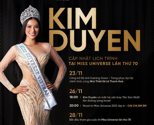 Kim Duyên là đại diện Việt Nam tham gia cuộc thi Miss Universe - Hoa hậu Hoàn vũ 2021. Theo đó, ngày 26/11, người đẹp sẽ có mặt tại sân bay Tân Sơn Nhất lên đường sang Israel tham gia cuộc thi.