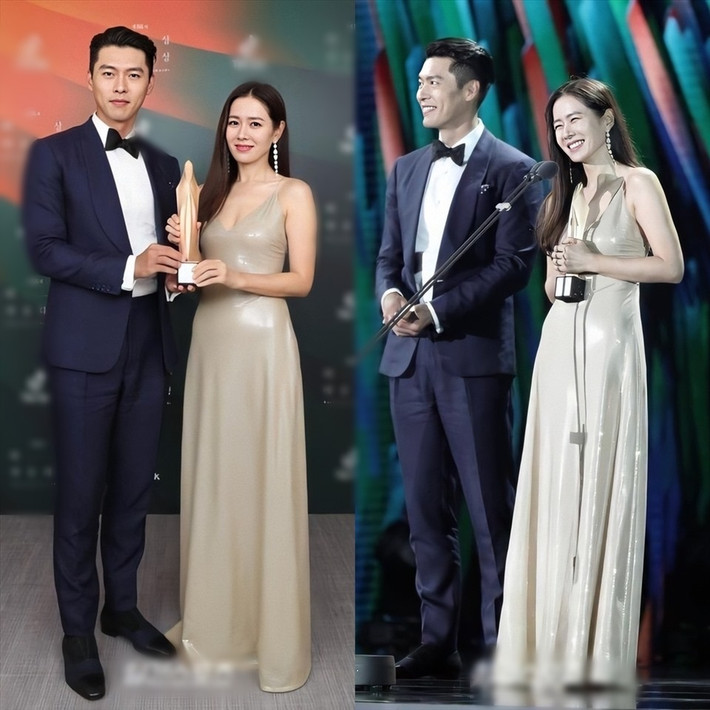 Tại Lễ trao giải Baeksang lần thứ 56, nam tài tử diện bộ suit xanh lịch lãm, đầy nam tính. Trong khi đó, Son Ye Jin lại lựa chọn thiết kế váy 2 dây xẻ ngực đầy quyến rũ.