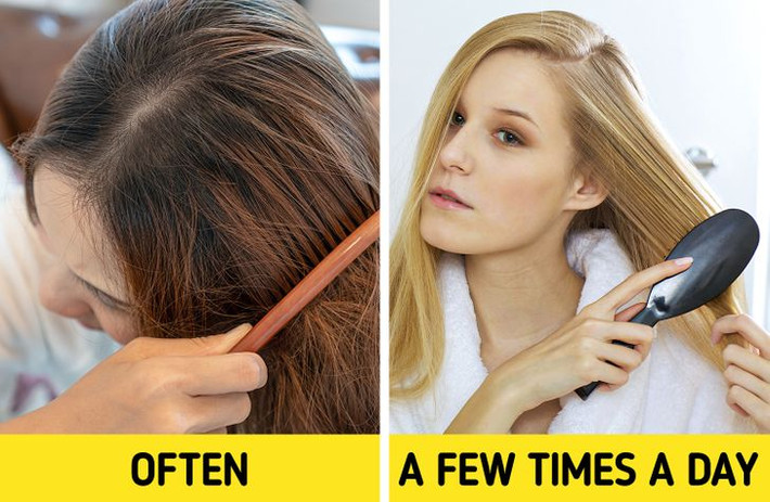 Chải tóc quá nhiều: Chải tóc quá nhiều lần trong ngày có thể làm tóc yếu đi và dễ gãy rụng. Bên cạnh đó bạn cần nhớ làm sạch lược chải tóc thường xuyên. Sử dụng lược chải tóc bẩn có nghĩa là bạn đang lây lan chất bẩn và tế bào chết lên tóc.