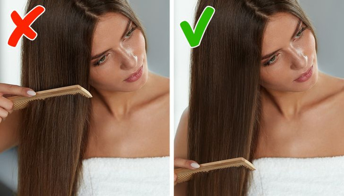 Chải tóc sai hướng: Chải thẳng từ chân tóc tới ngọn tóc có thể làm sợi tóc bị kéo khỏi nang tóc, khiến tóc dễ gãy rụng. Cách chải tóc đúng là chia tóc thành nhiều phần, bắt đầu chải và gỡ rối từ dưới ngọn tóc rồi dần dần chải lên tới chân tóc.