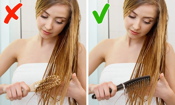 Chải tóc ướt và khô với cùng loại lược: Tóc ướt rất dễ gãy rụng, dùng lược chải tóc không đúng loại dễ làm tóc bị hư tổn. Dụng cụ tốt nhất để chải tóc ướt là lược răng thưa. Nó vừa giúp gỡ tóc rối vừa giúp giữ lại các loại dầu dưỡng trên tóc.