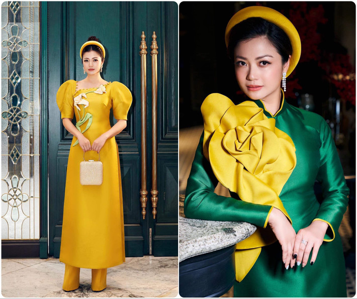 Chiếc áo dài với điểm nhấn tay bồng hay bông hoa đính trên ngực mang đến sự phong cách, nổi bật cho nữ diễn viên Kiều Anh. Ảnh: VTV Giải trí.