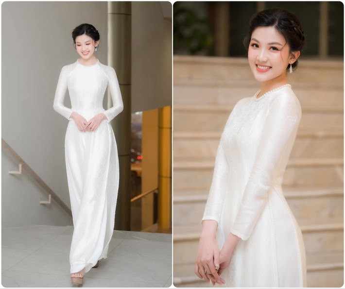 Diễn viên Lương Thanh trẻ trung với áo dài trắng tinh tươm.