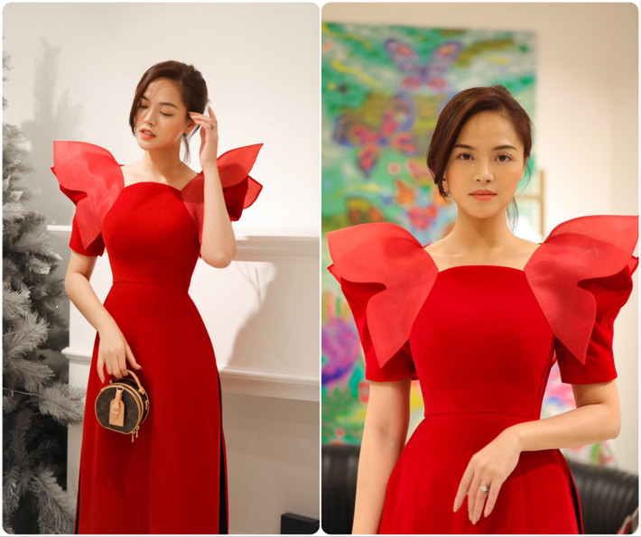 Chiếc áo dài cách tân phần cổ và tay của diễn viên Thu Quỳnh trông cực kỳ nổi bật.