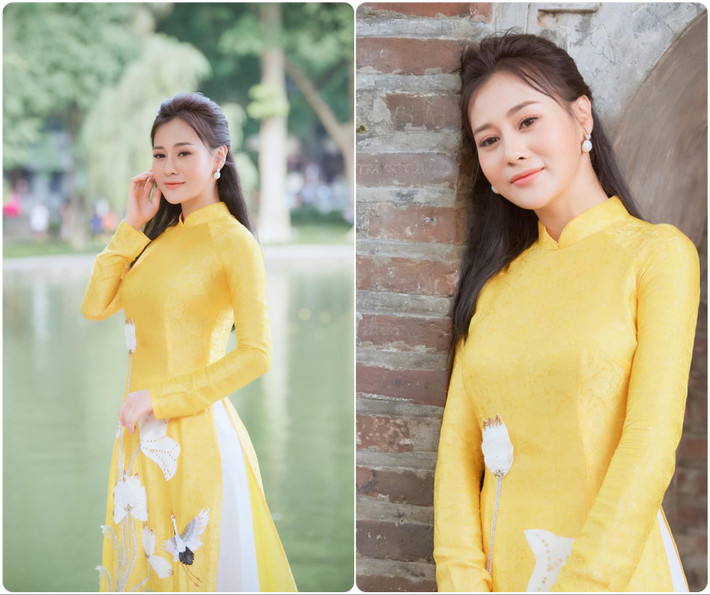 Nữ diễn viên Phương Oanh dịu dàng đằm thắm với chiếc áo dài vàng thêu hoa sen.