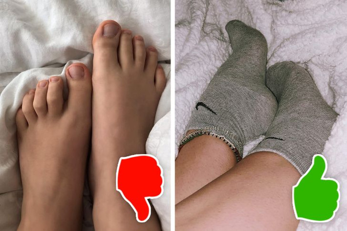 1. Giữ ấm chân, sử dụng tất: Trước khi đi ngủ, hãy đeo tất để giữ đôi chân ấm. Bàn chân được giữ ấm sẽ tăng cường lưu thông máu, giúp bạn dễ chìm vào giấc ngủ nhanh chóng. Hãy đeo tất trước khi đi ngủ để làm ấm bàn chân hoặc massage chân nhẹ nhàng.