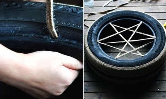 Sau khi khoan xong, bạn luồn dây bện qua lỗ như hình. Tùy vào sở thích hoặc mục đích sử dụng, bạn có thể khoan nhiều lỗ hơn để đệm dây bền chắc hơn, thoải mái sử dụng hơn.