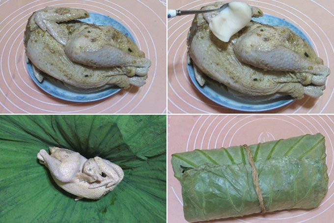 Cách làm: gà bọc lá sen nướng cần phải trải qua nhiều công đoạn khác nhau. Đầu tiên làm sạch gà, sau đó ướp kĩ với các loại gia vị đã chuẩn bị trong khoảng thời gian ít nhất 1 giờ.