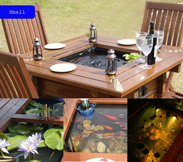 Kiểu bể cá đặt giữa bàn ăn tối ngoài trời.