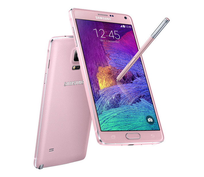 Samsung Galaxy Note 4: Đây là một trong những dòng điện thoại smartphone màu hồng cấu hình mạnh nhất hiện nay với cấu hình chíp 8 nhân, RAM 3GB với thiết kế khá đẹp mắt.