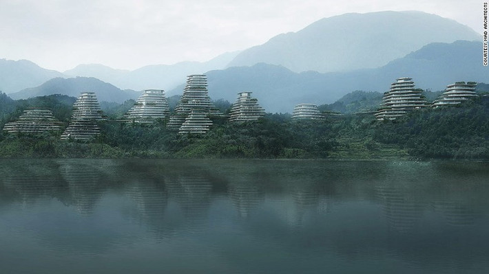 5. Làng Huangshang, tỉnh Anhui, Trung Quốc. Tựa bức tranh sơn thủy, ngôi làng Huangshang nổi lên bên mặt hồ Taiping và bao quanh bởi dãy Huangshang trùng điệp. Dự án đầy tham vọng này nhằm mô phỏng khung cảnh núi non nổi tiếng nơi đây và đưa Huangshang về với xã hội đương đại. Mô phỏng những dãy núi trùng điệp và đồi chè bậc thang tại khu vực này, làng Huangshan sẽ bao gồm nhiều công trình cả tư nhân lẫn công cộng như trung tâm sự kiện, khách sạn và nhà ở.