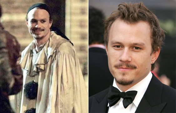 Bức ảnh bên trái chụp Heath Ledger trên phim trường The Imaginarium of Doctor Parnassus vài ngày trước khi anh qua đời vì uống quá liều thuốc kê đơn.