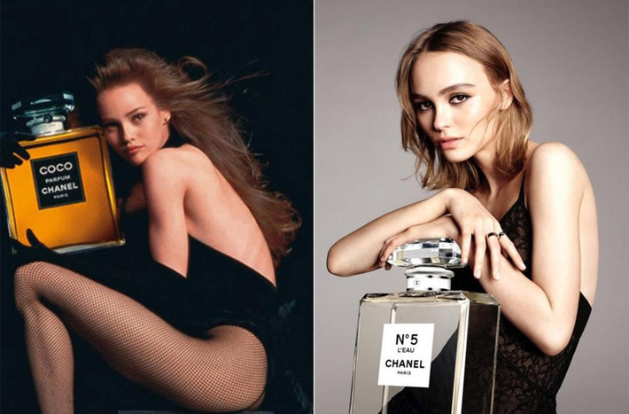 Cùng làm mẫu quảng cáo nước hoa Chanel, Vanessa Paradis năm 18 tuổi và con gái Lily-Rose Depp 17 tuổi giống hệt nhau như hai giọt nước. (Ảnh: Scope Features)