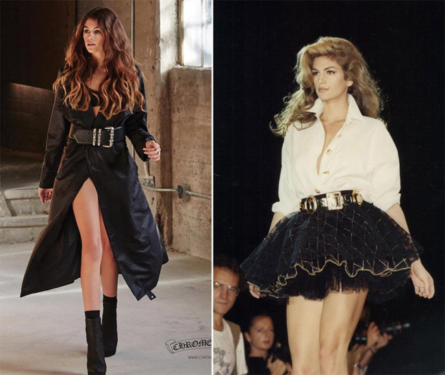 Từ khuôn mặt, kiểu tóc, đến dáng catwalk của cô bé Kaia Gerber, 14 tuổi, con gái của cựu siêu mẫu Cindy Crawford như một khuôn đúc của mẹ khi so bức ảnh làm mẫu năm 25 tuổi của Cindy. Hai mẹ con Cindy Crawford là cặp sao Hollywood và con gái giống nhau như chị em song sinh. (Ảnh: Rex)