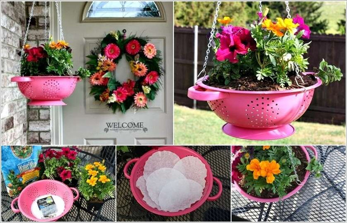 Những chiếc rổ rá đựng rau cũng được tận dụng để biến chúng thành giỏ đựng hoa treo rực rỡ.