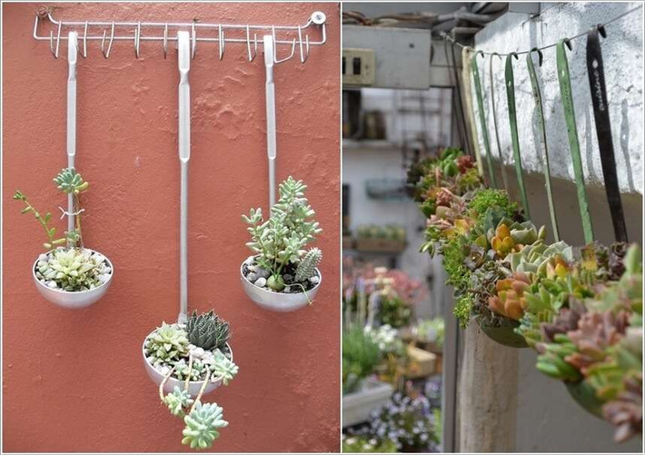Hay những chiếc muôi múc canh cũng có thể được biến tấu thành giỏ hoa trang trí nhà ấn tượng.