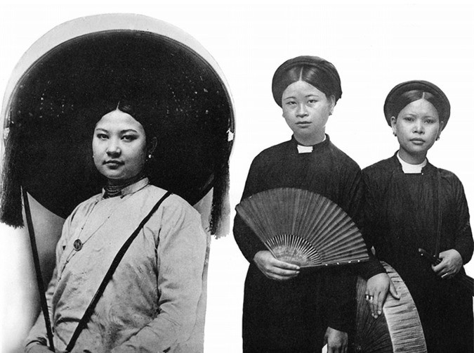 Phụ nữ miền Bắc Việt Nam cuối thế kỷ 19 thường mặc áo dài ngũ thân và đội nón quai thao.
