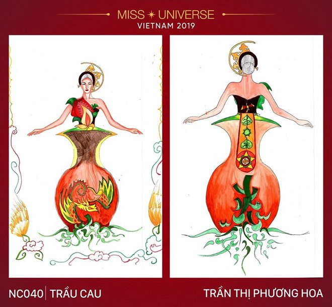 Bộ trang phục dự thi Trầu Cau cũng độc đáo với sự kết hợp giữa chiếc áo yếm đặc trưng của miền Bắc và những chi tiết trang trí lấy cảm hứng từ bộ dụng cụ ăn trầu truyền thống của người Việt.