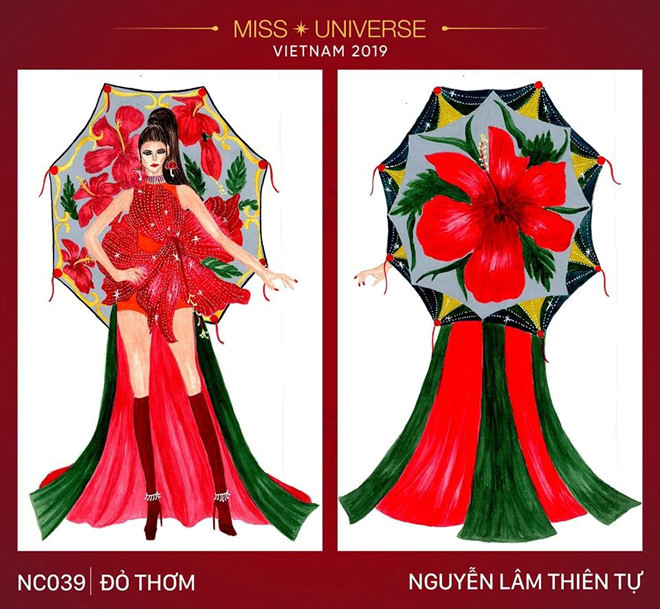 Bộ cánh Đỏ thơm lấy cảm hứng từ câu thơ của Hoàng Thùy tại chương trình The Face. Có thể nói, ý tưởng này rất phù hợp với cá tính của chân dài, nhưng thật sự không mang nét đặc trưng của đại diện Việt Nam.