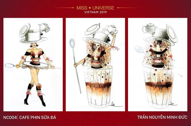 Ý tưởng Cafe phin sữa đá thú vị với sự đáp ứng về tính giải trí trên sân khấu Hoa hậu Hoàn vũ 2019, nhưng người mặc rất dễ "lộ hàng" trong lúc di chuyển.