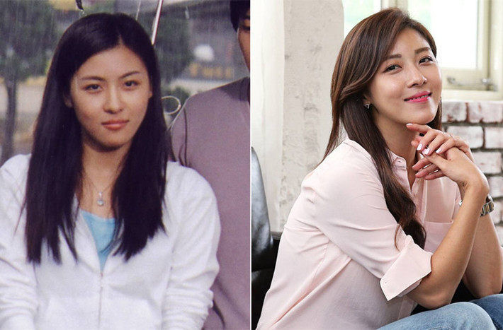 Hình ảnh Ha Ji Won, 37 tuổi so với cái thời cô mới bước chân vào làng giải trí (trái) không khác nhau là mấy, thậm chí nhờ làn da không tì vết cô còn được khen là trẻ hơn so với trước kia.