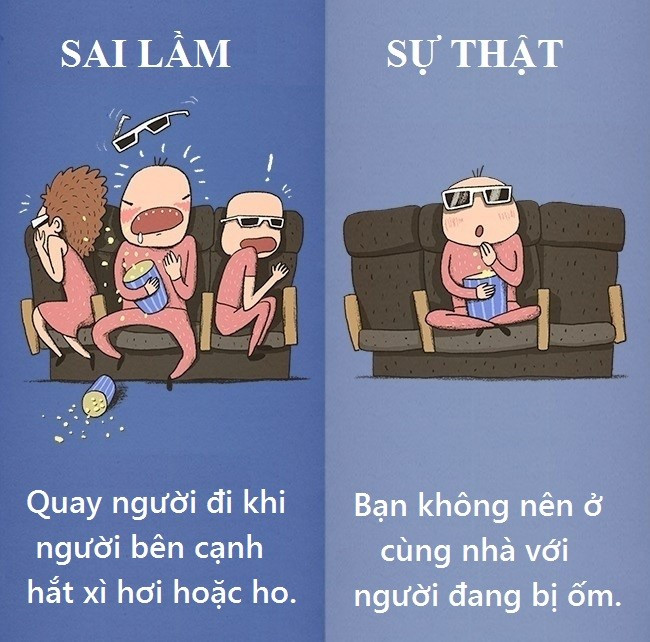 Khi một người hắt xì hơi hoặc ho, vi trùng bay ra xung quanh với vận tốc 5 m/giây và số lượng các phân tử này cũng đủ lây nhiễm hàng trăm người. Vì vậy, nếu bạn ngồi cạnh, việc quay sang chỗ khác hoặc bịt mũi để tránh vi khuẩn là vô ích.