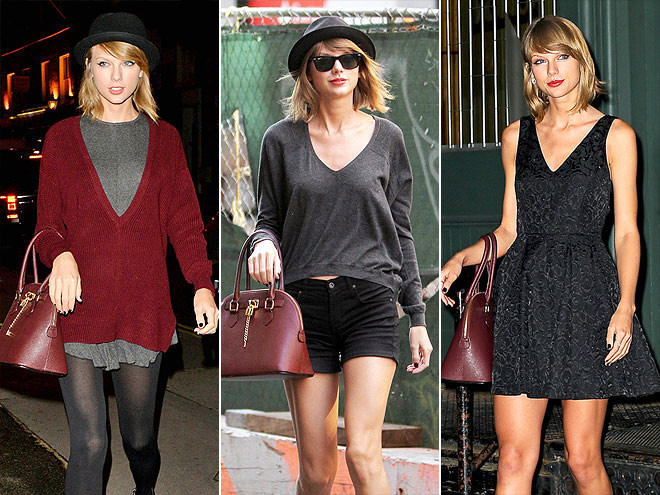 Taylor Swift có một bộ sưu tập túi đắt tiền nhưng cô lại hay dùng chiếc túi màu rượu vang hiệu Aldo, giá 50 USD nhất.
