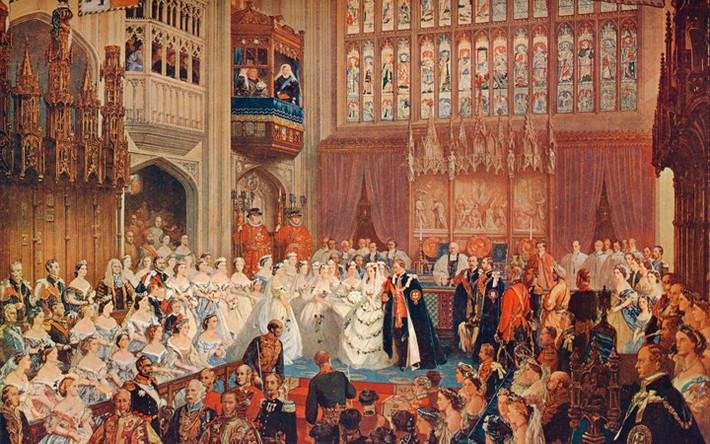Hôn lễ long trọng của Hoàng tử xứ Wales Albert (sau này là Vua Edward VII) và Công chúa Đan Mạch Alexandra với sự tham gia của các thành viên Hoàng gia Anh và các quan khách tại lâu đài Windsor ngày 10/3/1863.