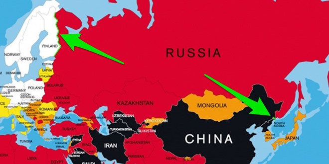 Triều Tiên và Phần Lan được ngăn cách bởi Nga. Nguyên do là vì Nga có chung đường biên giới dài 17 km với Triều Tiên và dài 1.300 km với Phần Lan.