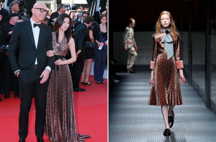 Jun Ji Hyun chụp ảnh cùng CEO Gucci, ông Marco Bizzarri trên thảm đỏ Cannes (trái). Chiếc váy mà cô mặc là một thiết kế mới trong bộ sưu tập thu – đông 2015 của nhà mẫu Italy.