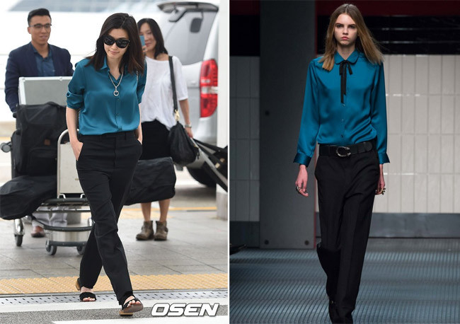 Xuất hiện tại sân bay quốc tế Incheon hôm 15/5, để bay tới Cannes tham dự liên hoan phim, nữ diễn viên 33 tuổi gây chú ý không phải bởi phong cách sexy mà bởi trang phục rất thanh lịch: quần âu đen, áo sơ mi xanh.