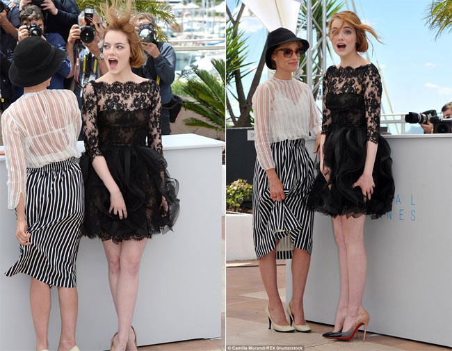 Ngôi sao "Người nhện" Emma Stone đã trở thành nạn nhân đầu tiên của gió biển Cannes khi liên tục bị tốc váy trong buổi chụp hình giới thiệu bộ phim "Irrational Man" trong khuôn khổ Liên hoan Phim Cannes.