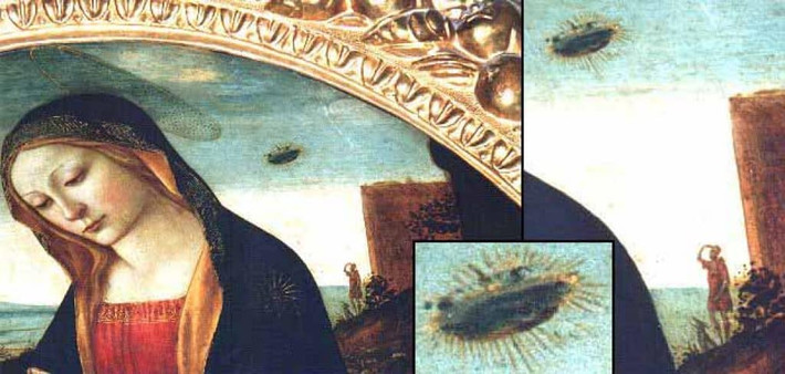 Vật thể này xuất hiện ở vai trái của Mary. Bên phải bức tranh là hình ảnh người đàn ông đang hướng tầm mắt lên nhìn vật thể lạ trên bầu trời.