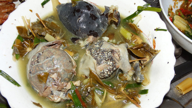 Tiếp đến là nấu nước dùng gồm một nắm gạo rang, cà chua, lá me non, nêm nếm gia vị cho vừa miệng, xong cho ếch òn vừa xào vào, để lửa liu riu một chút là có thể thưởng thức được ngay.