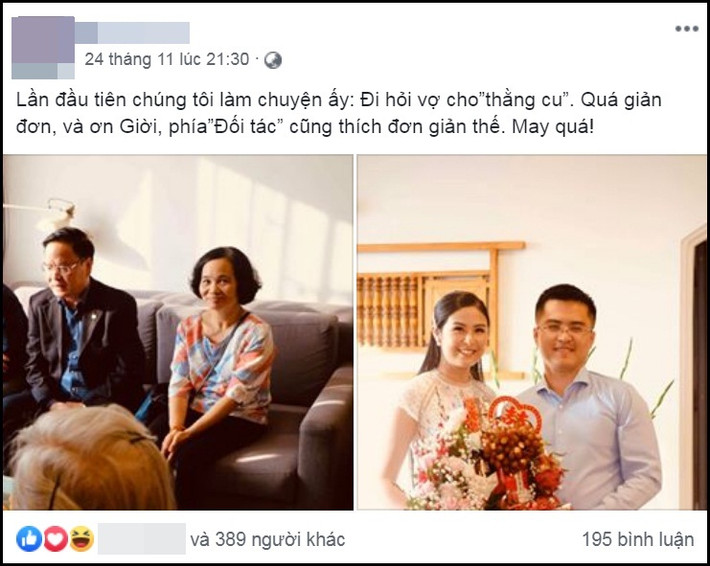Một tài khoản mạng được cho là bố chồng tương lai của Ngọc Hân đăng tải hình ảnh lễ dạm ngõ của con trai và Hoa hậu Việt Nam. Người đàn ông trung niên hân hoan viết: "Lần đầu tiên chúng tôi làm chuyện ấy. Đi hỏi vợ cho 'thằng cu'. Quá giản đơn, và ơn giời, phía 'đối tác' cũng thích đơn giản thế. May quá!".