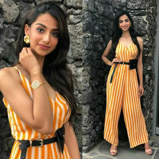 Meenakshi Chaudhary diện chiếc jumpsuit kẻ sọc sang chảnh, tôn dáng. Ảnh: FBNV.