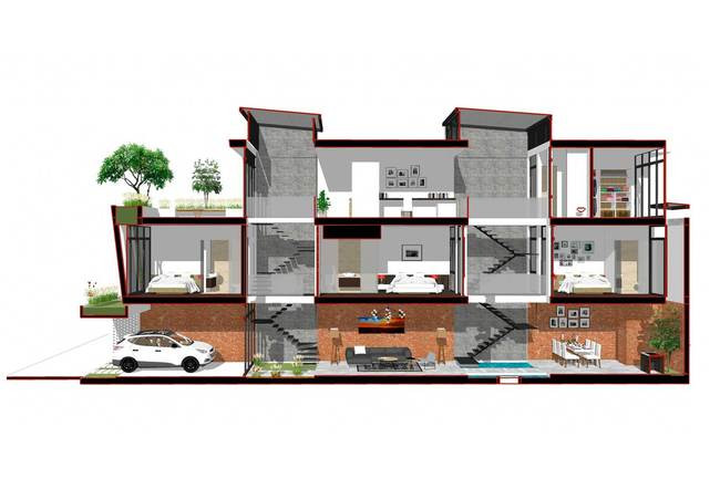 Ngôi nhà chỉ sở hữu chiều rộng 4m và chiều sâu hơn 25m. Tuy nhiên, đây là tổ ấm của một gia đình gồm 4 người với đầy đủ tiện nghi như nhà để xe, phòng khách, nhà bếp, phòng ăn, phòng học và 3 phòng ngủ.
