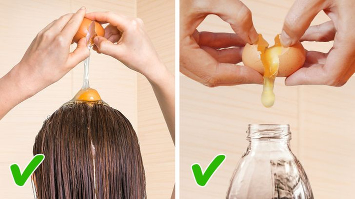 Lòng đỏ trứng chứa nhiều protein giúp loại bỏ bụi bẩn, làm sạch da đầu và giúp tóc mềm mại, sáng bóng. Tách lòng đỏ trứng cho vào chai, lắc đều để đánh tan. Sau khi làm ướt, đổ trứng lên tóc, massage nhẹ nhàng từ 1 - 3 phút rồi gội sạch lại với nước mát.